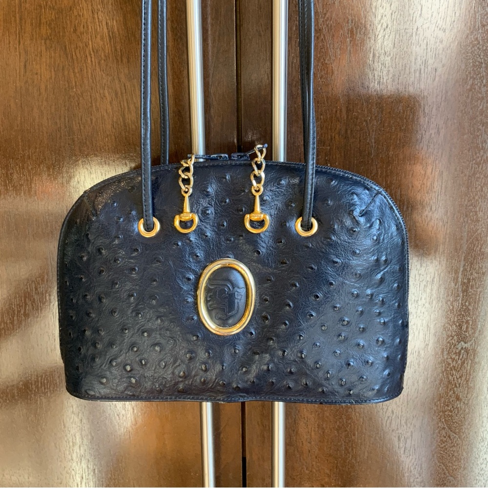 DUE FRATELLI Navy Shoulder/Cross Body Ostrich Leather Bag